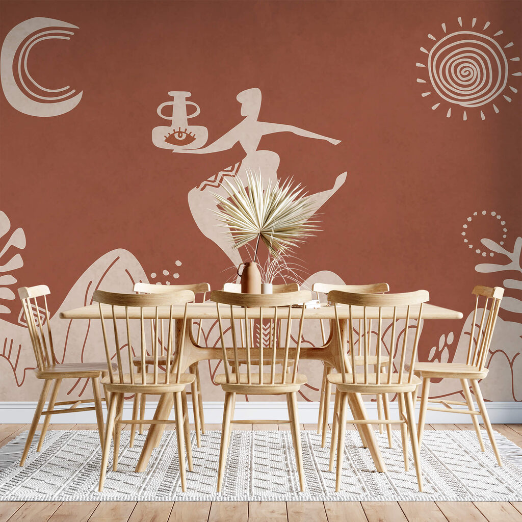 Desenul unui bărbat care ține o oală și o oală pe un munte