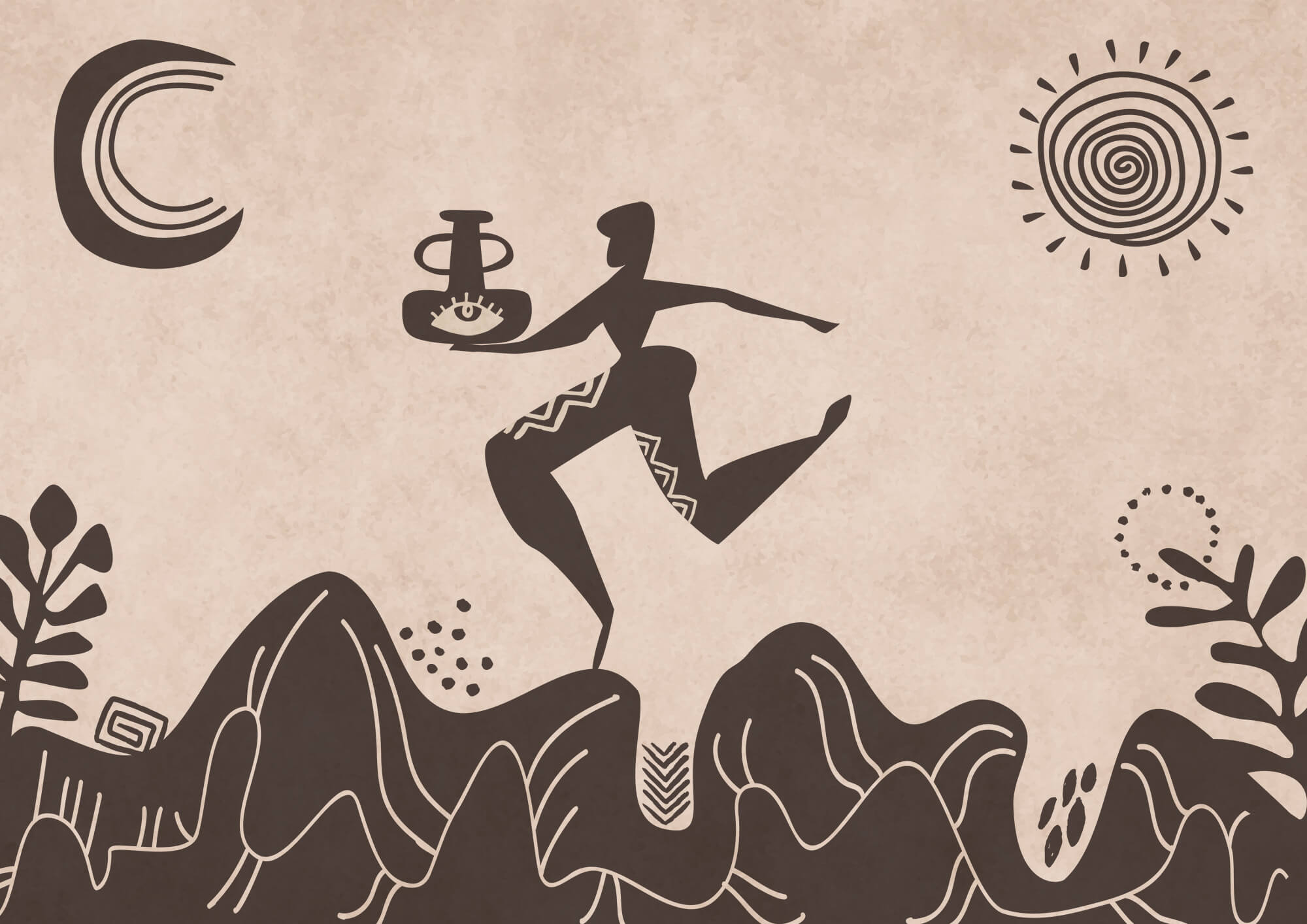 Drawing of a man holding a pot and a pot on a mountain Drawing of a man holding a pot and a pot on a mountain