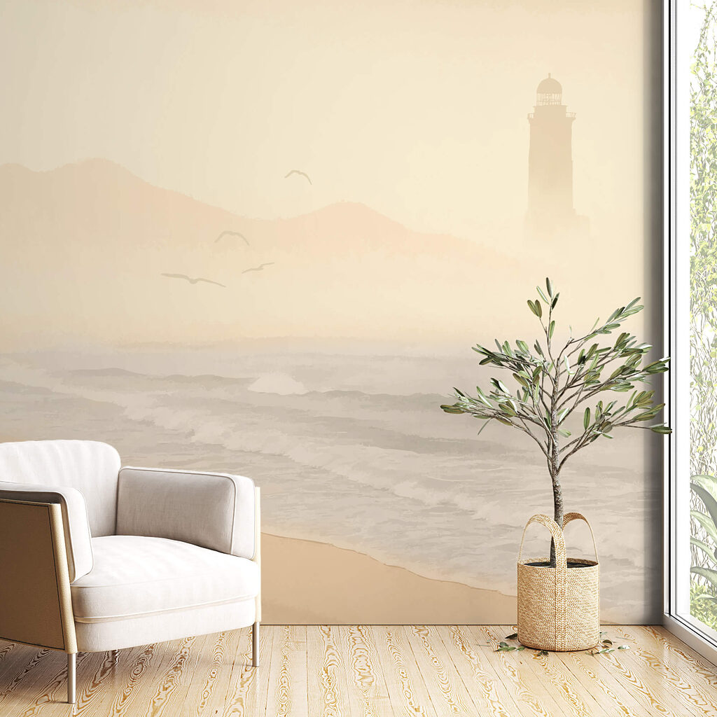 Plajă cu valuri și păsări