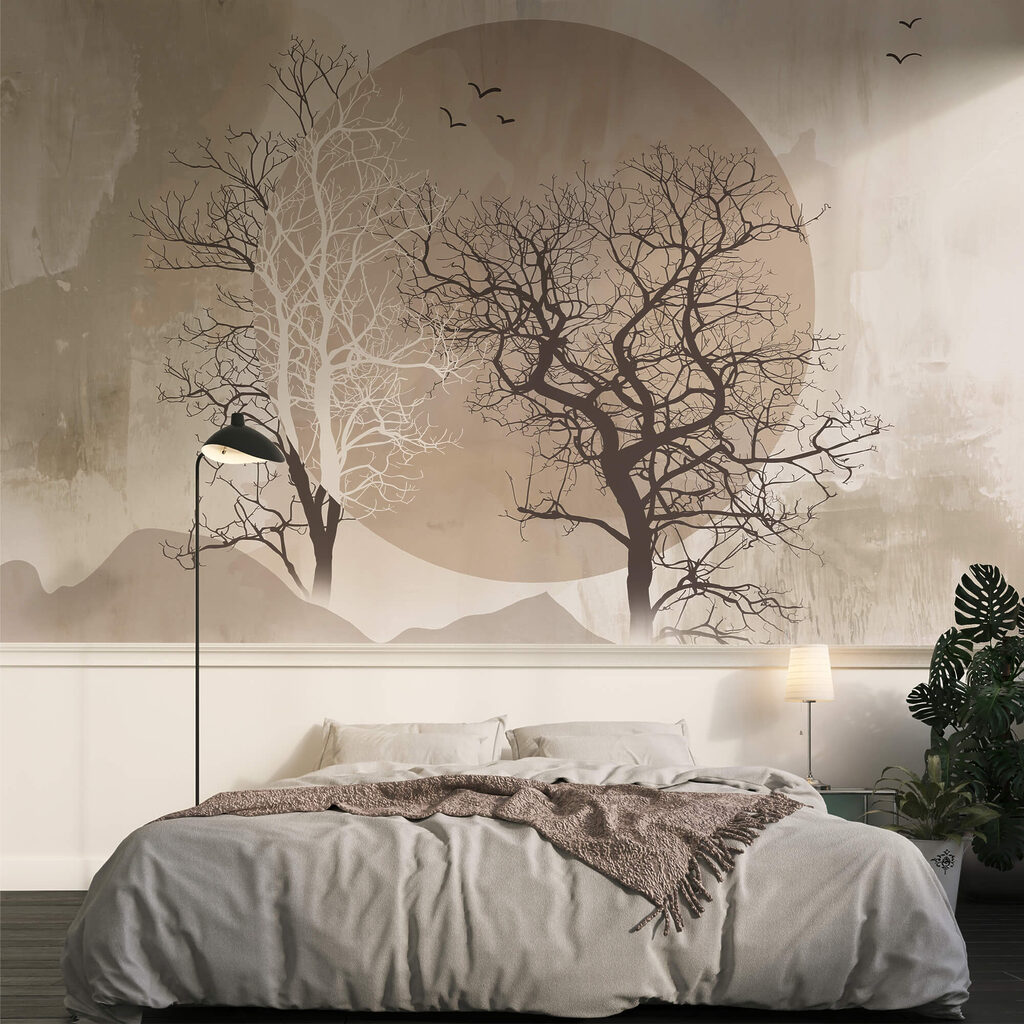 Pictura de copaci și un soare Pictura de copaci și un soare