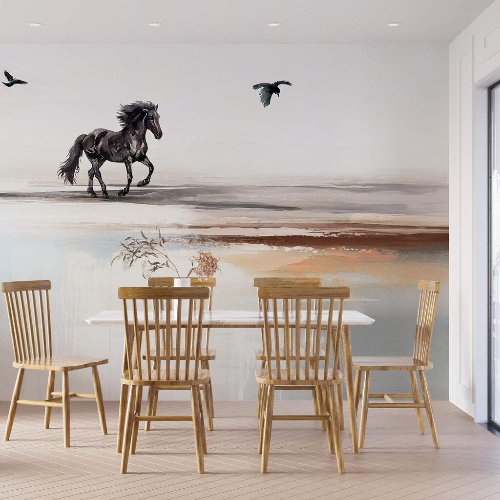 Pictura unui cal care aleargă pe o plajă cu păsări care zboară