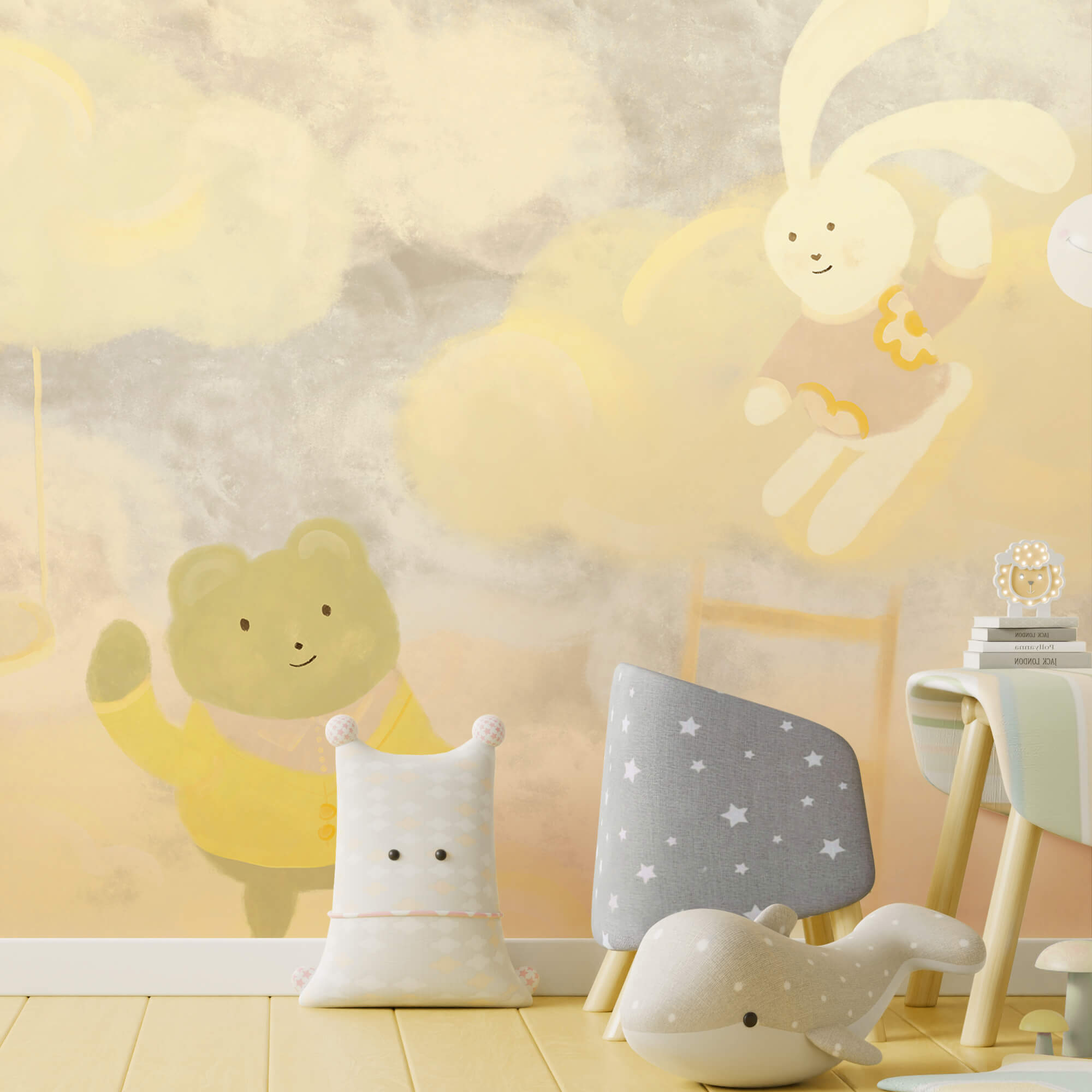 Urs de desene animate și iepuraș în nori