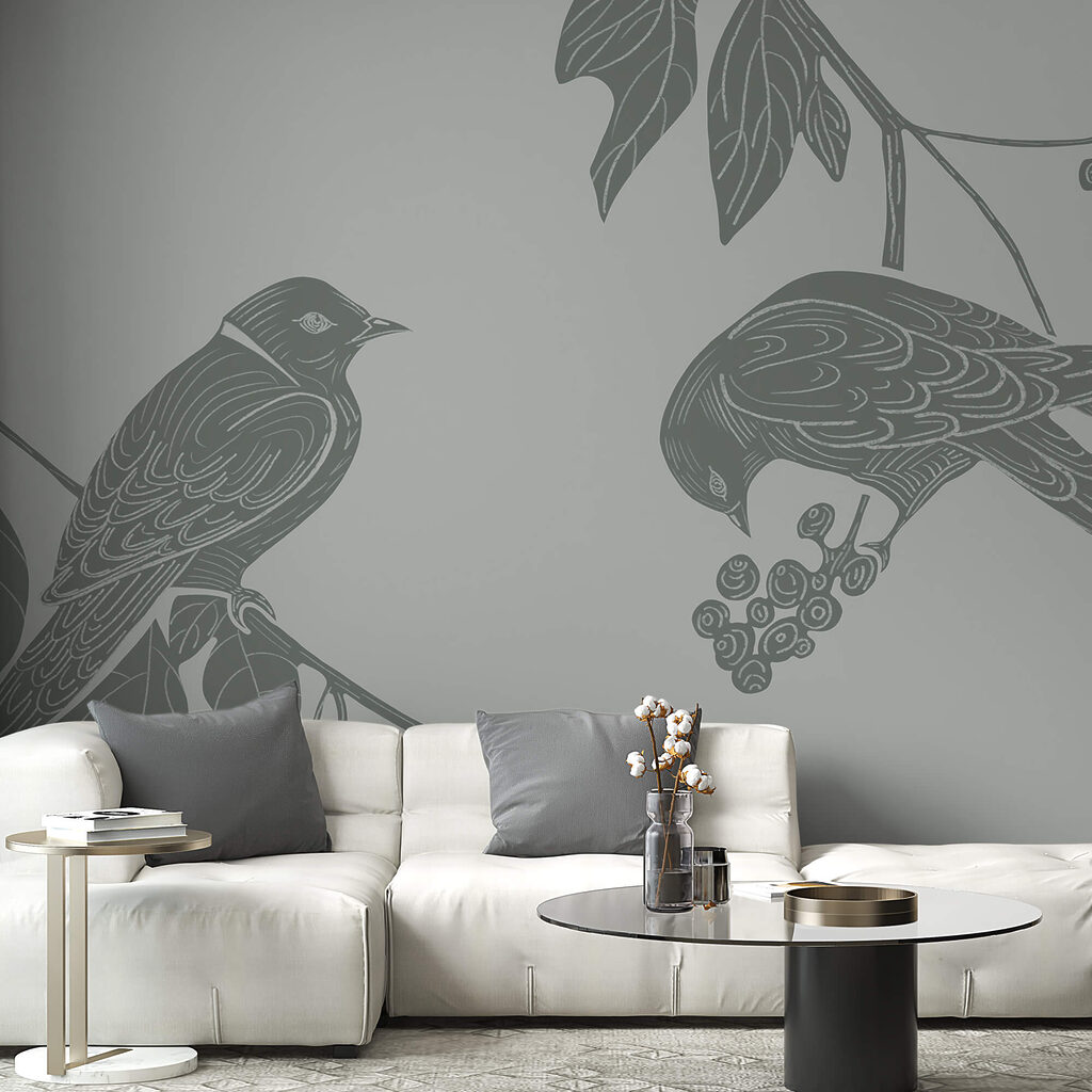 Păsări pe o ramură cu frunze