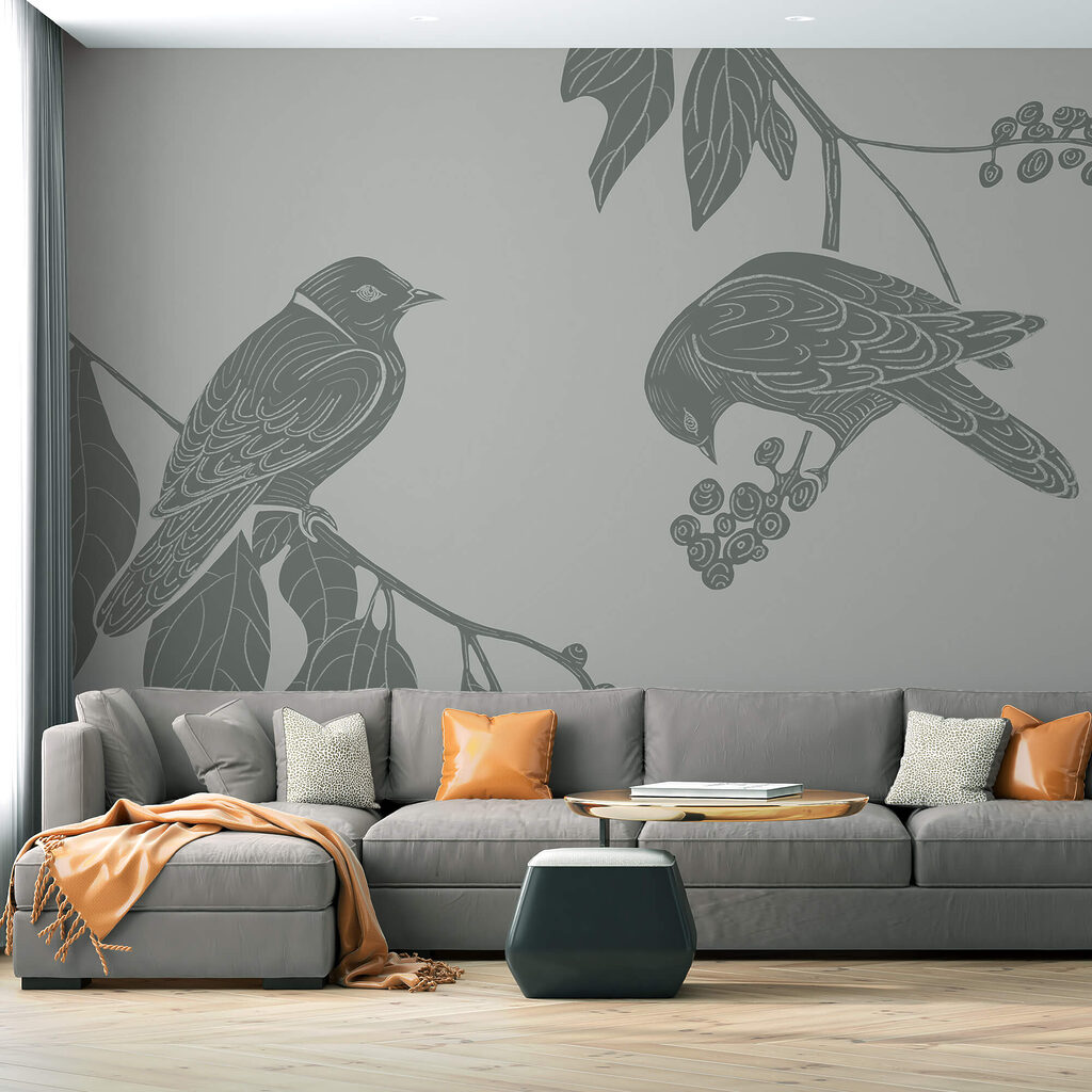 Păsări pe o ramură cu frunze