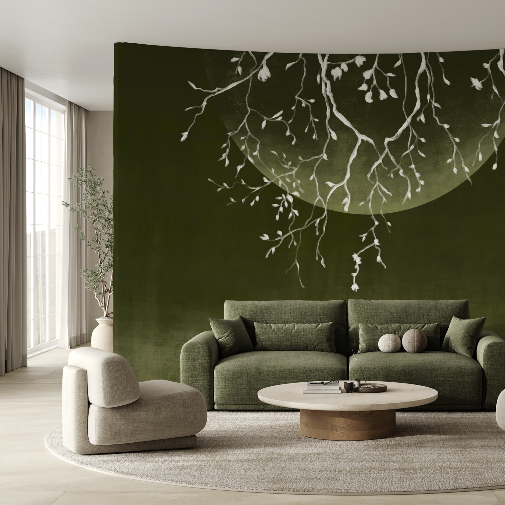 Ramuri de copac cu frunze și o lună