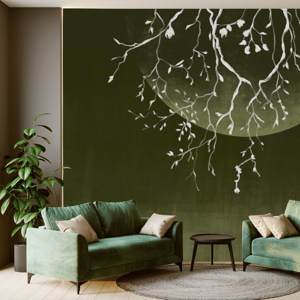 Ramuri de copac cu frunze și o lună