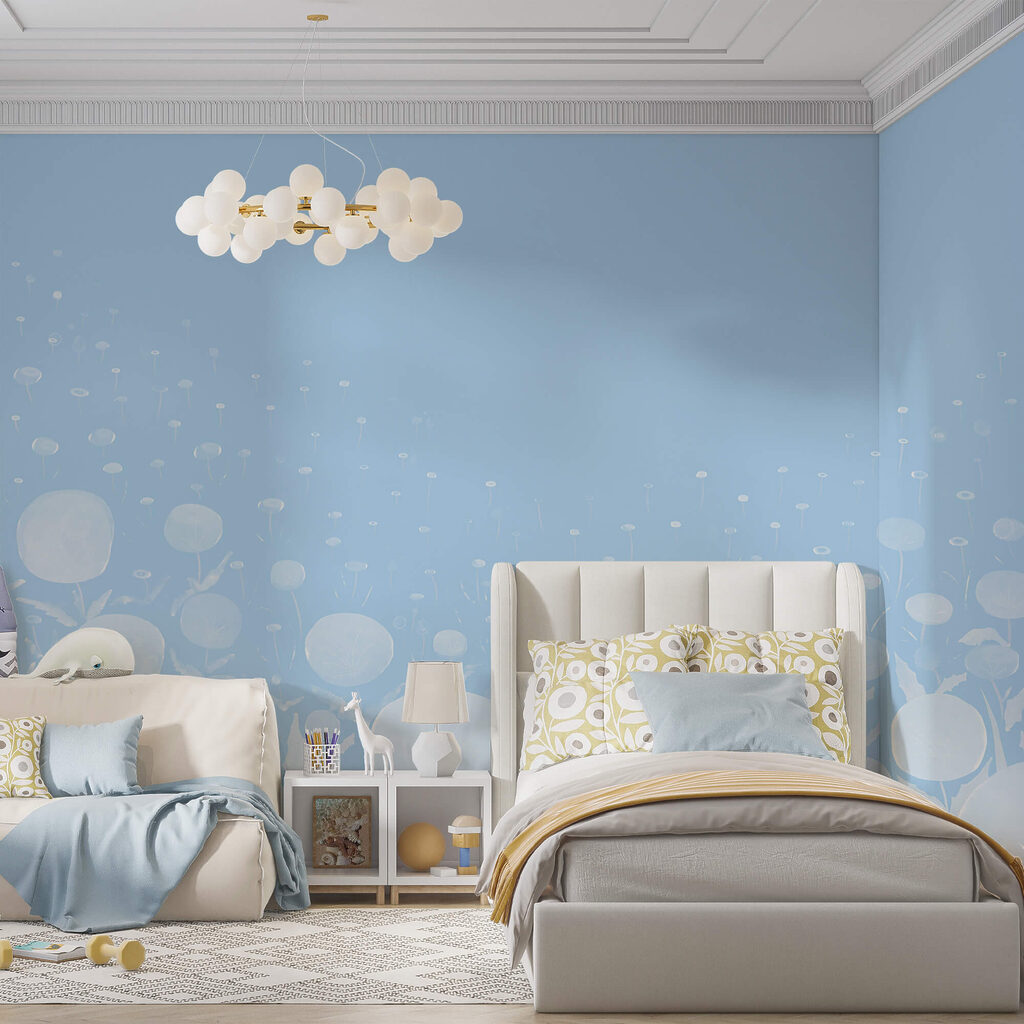 Flori albe cu frunze și fundal albastru