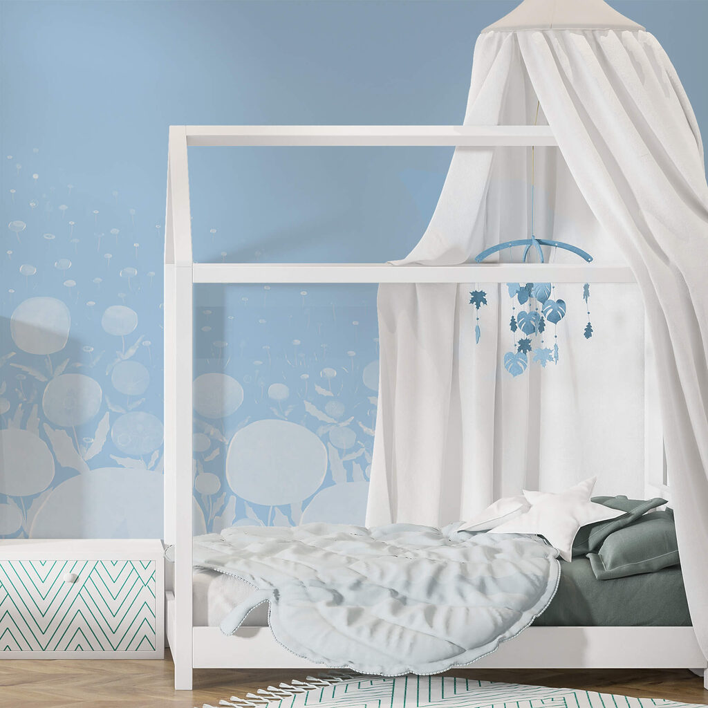 Flori albe cu frunze și fundal albastru