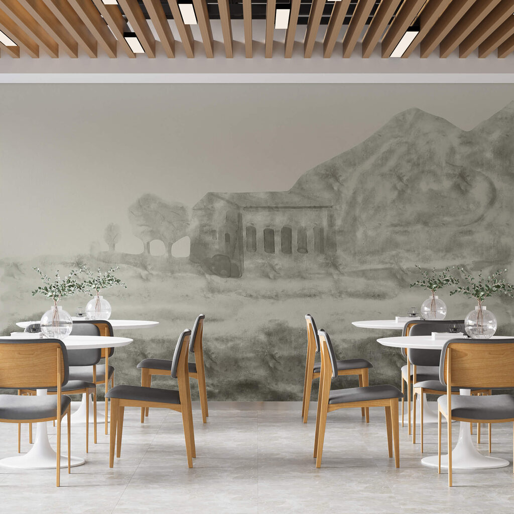 Desenul unei clădiri și al unui munte