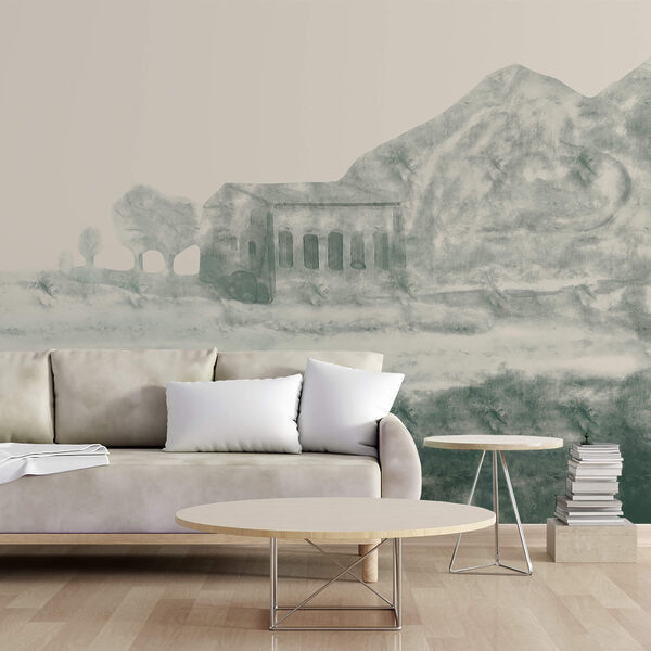 Pictura unei clădiri și a unui munte