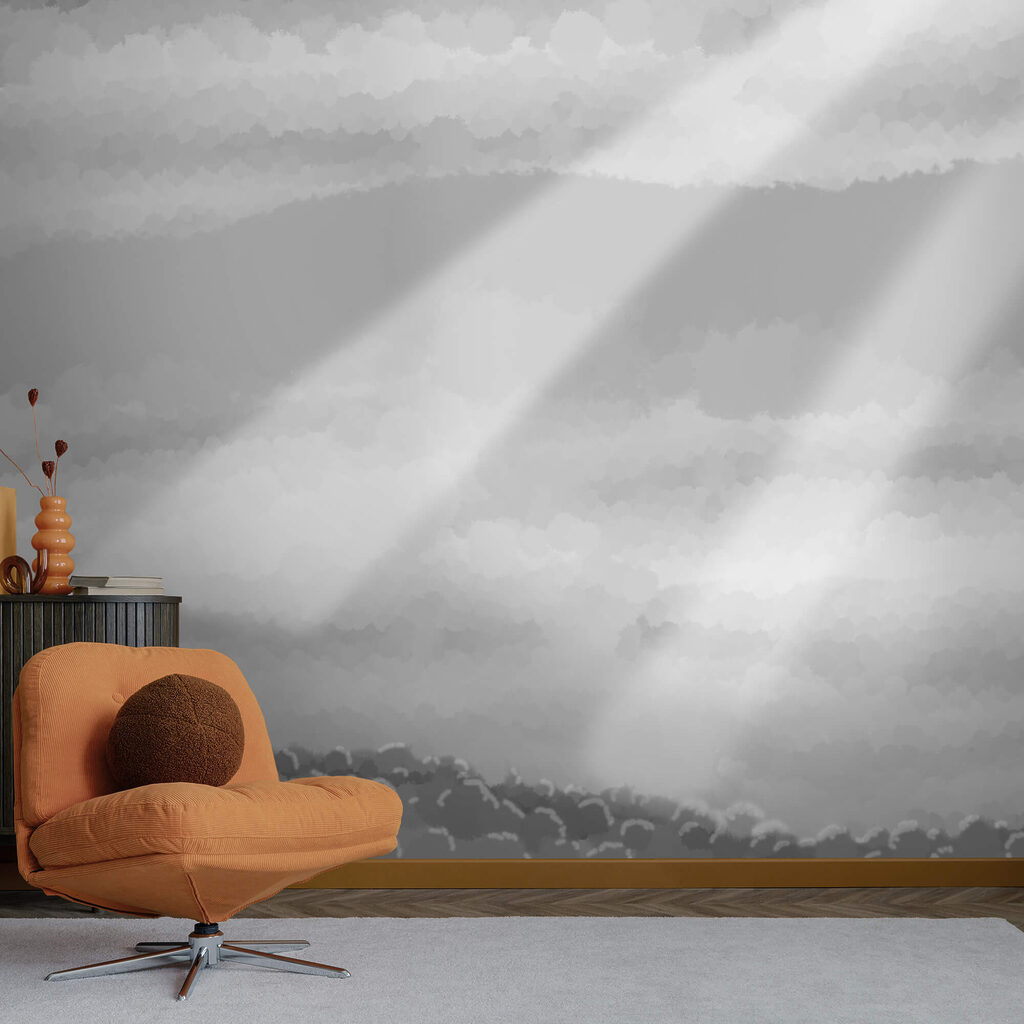 Imagine în tonuri de gri cu nori și raze de soare Imagine în tonuri de gri cu nori și raze de soare