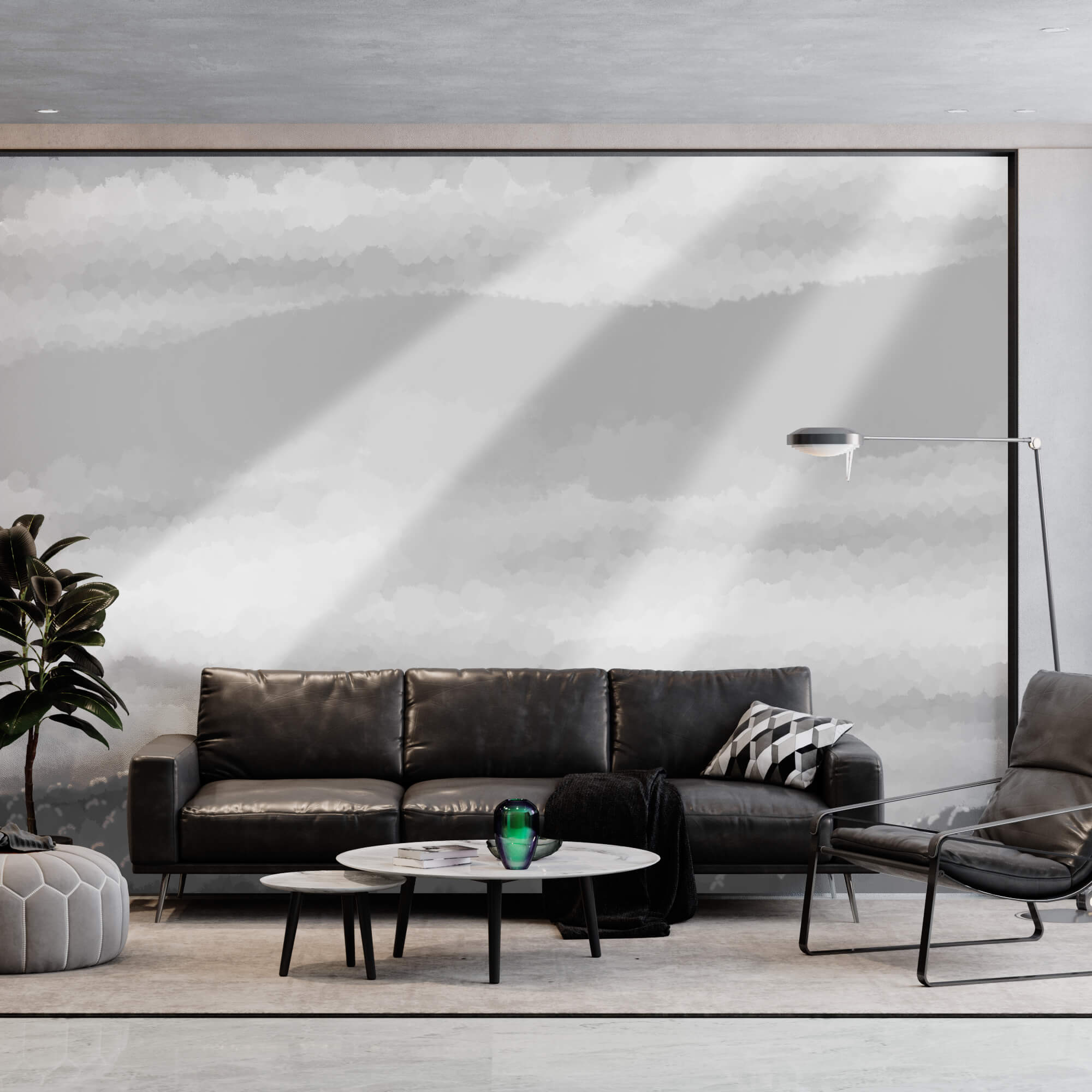 Imagine în tonuri de gri cu nori și raze de soare Imagine în tonuri de gri cu nori și raze de soare