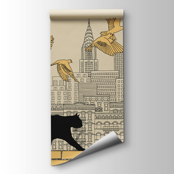 Cat walking on a wall with birds flying in the sky Cat walking on a wall with birds flying in the sky