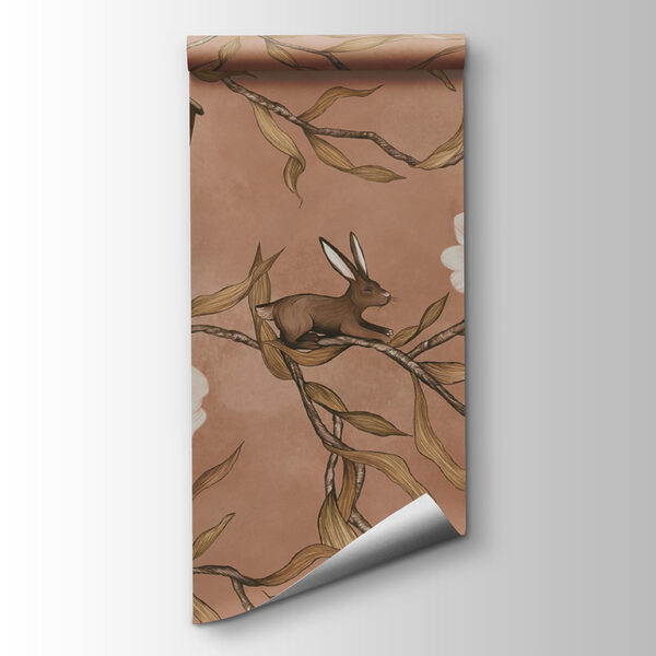 Wallpaper with rabbits and flowers