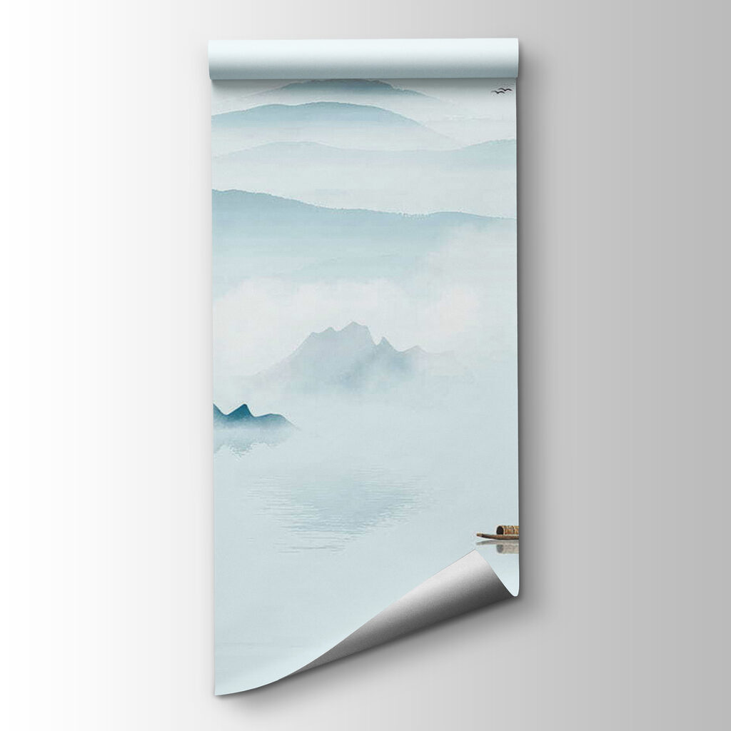 Boat in the water with mountains and birds flying