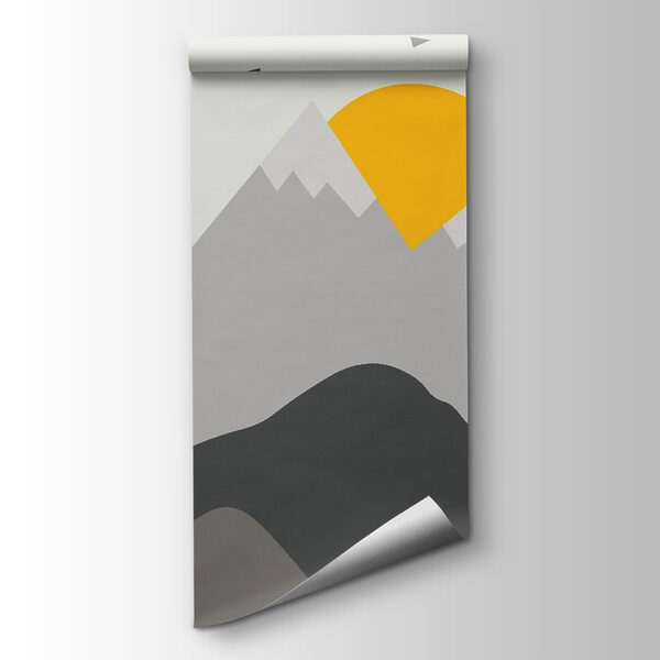 Mountain landscape with a hot air balloon and a sun