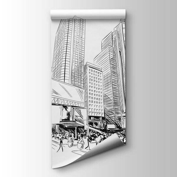 Drawing of a city with tall buildings