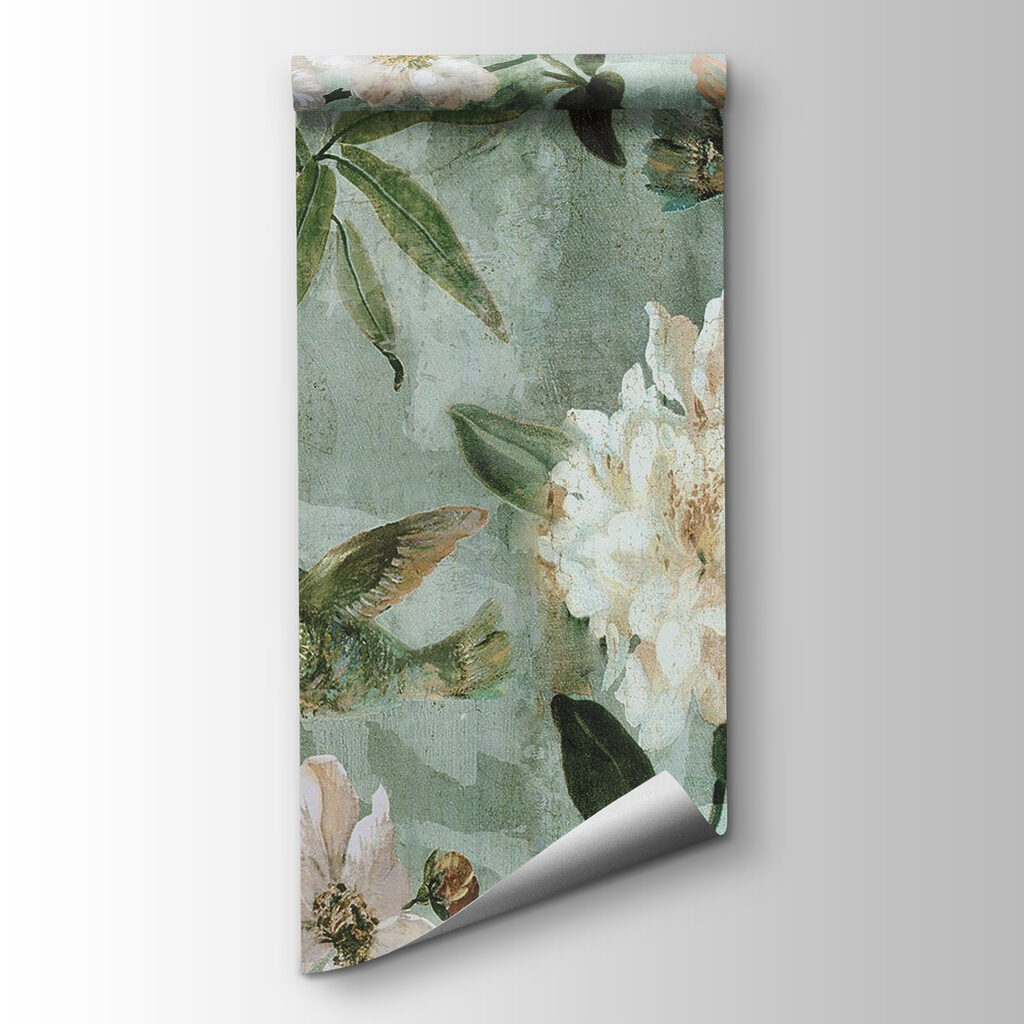 Wallpaper with birds and flowers