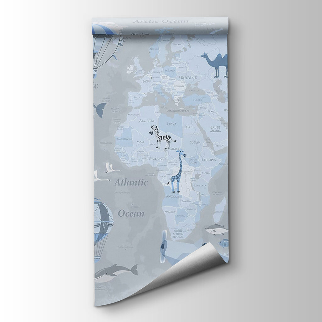 Map of the world with different types of airplanes and animals Map of the world with different types of airplanes and animals