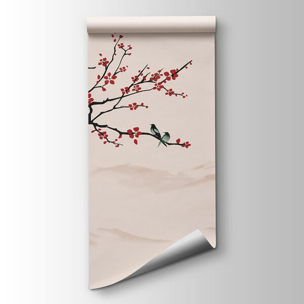 Tree branch with red flowers and a man on a boat