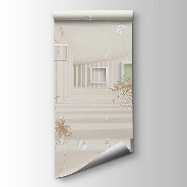 Wallpaper with white and brown flowers and butterflies