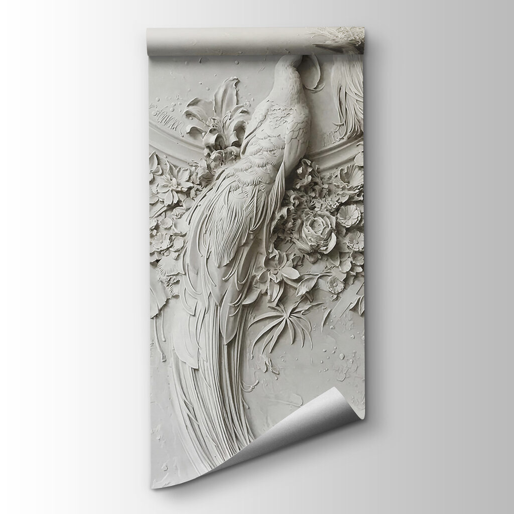 White wall with a couple of birds and flowers White wall with a couple of birds and flowers