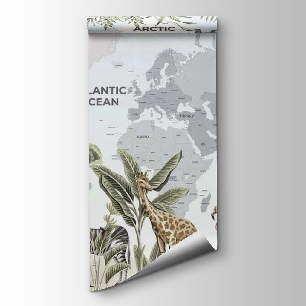 Map of the world with animals and birds