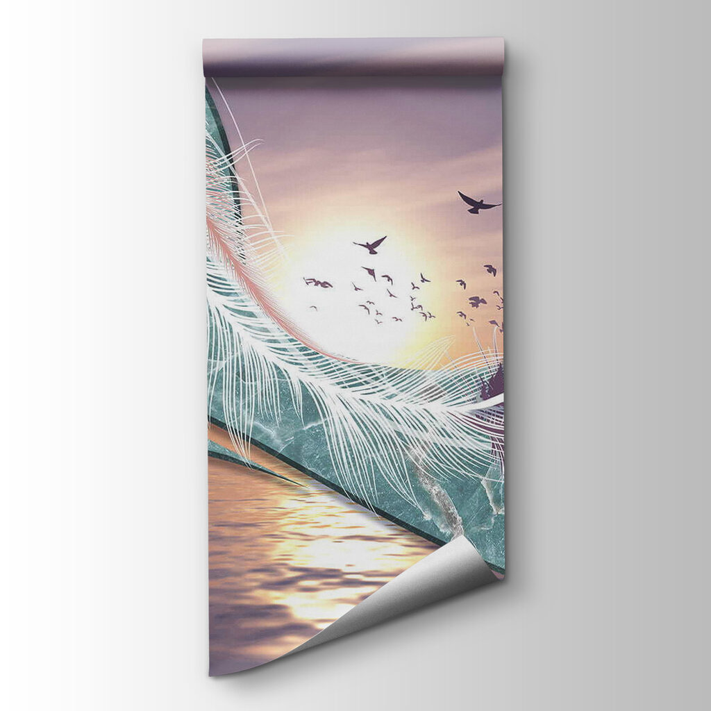 Colorful feathers and birds flying over water