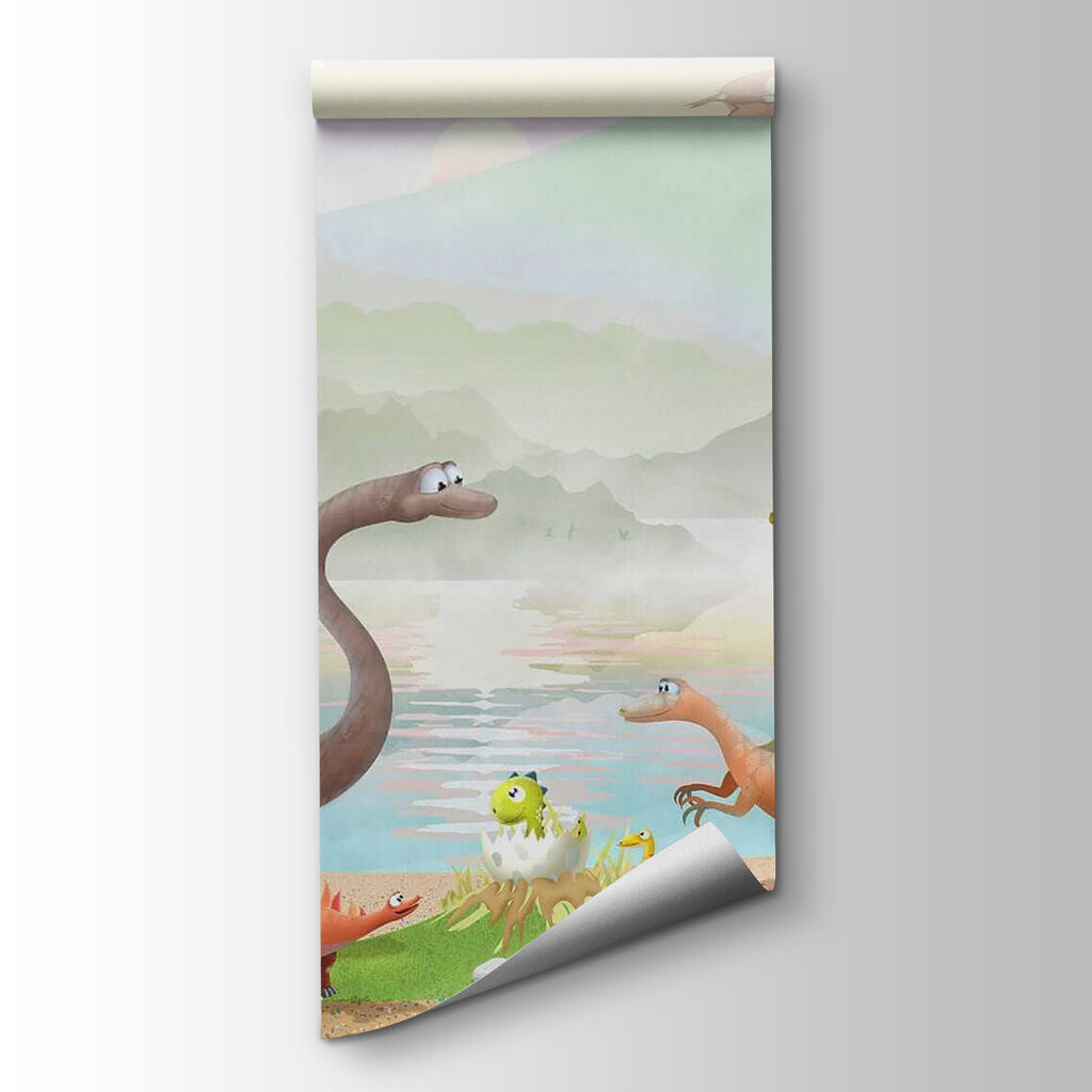 Group of dinosaurs near a lake