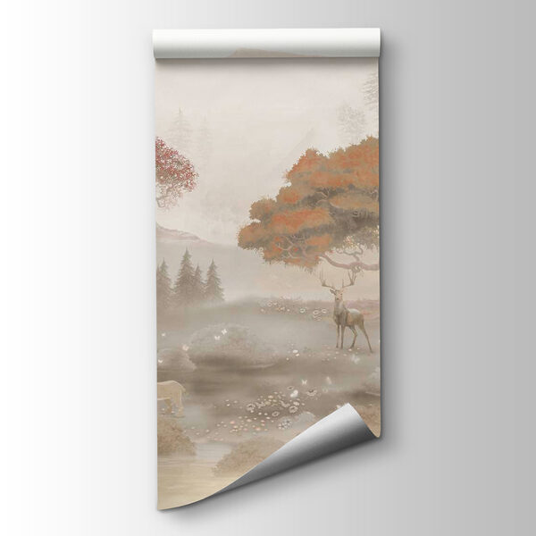 Painting of a forest with trees and mountains Painting of a forest with trees and mountains