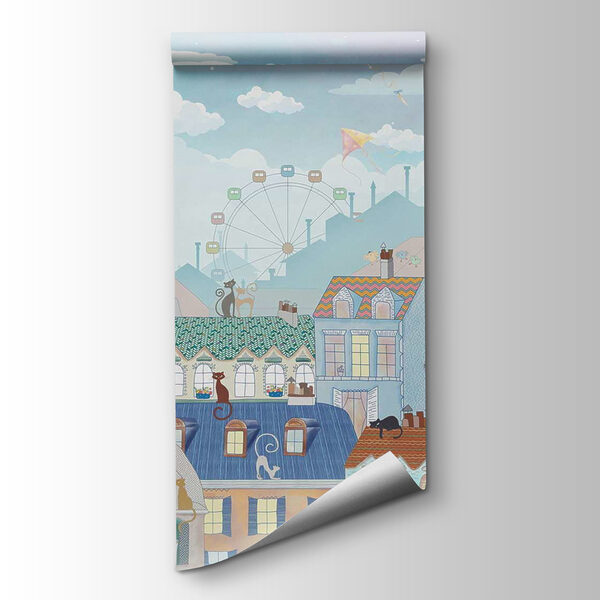 Cartoon city with many buildings and hot air balloons