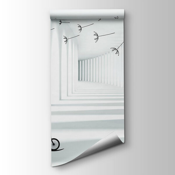 Girl riding a bike in a room with dandelions