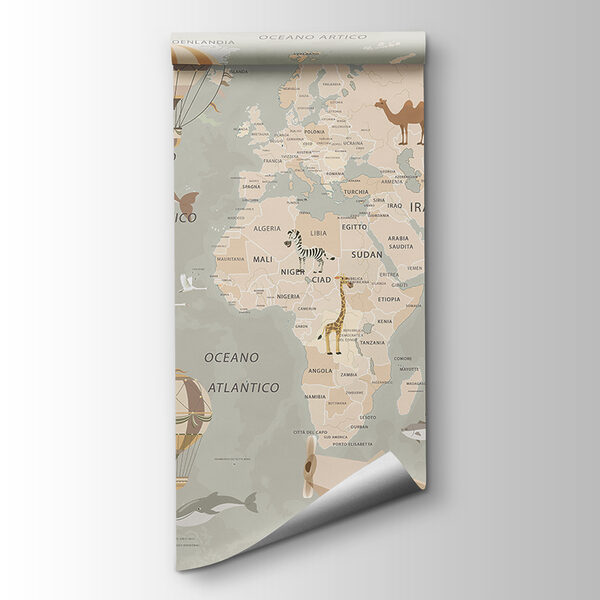 Map of the world with airplanes and hot air balloons