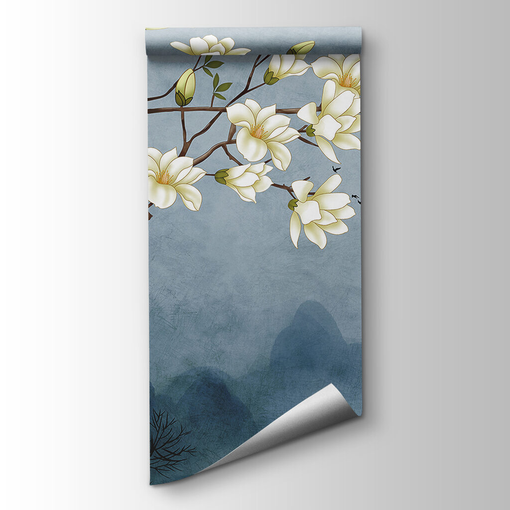 A painting of a tree branch with white flowers
