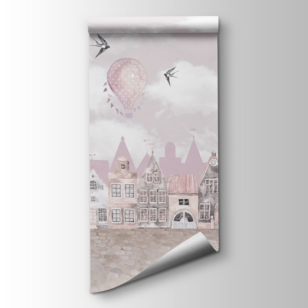 Pink and white cityscape with pink balloons and birds flying