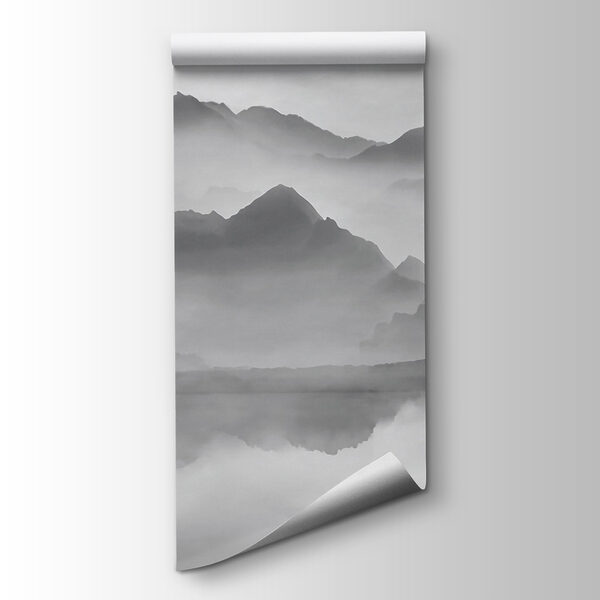 Mountain range with fog and water