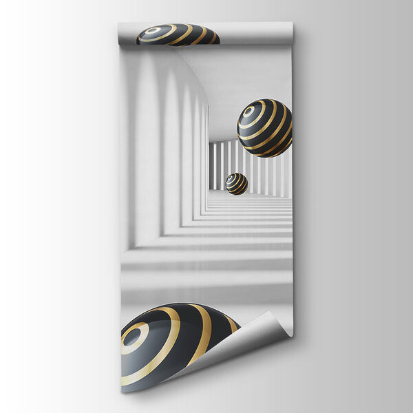 Striped spheres float in white corridor