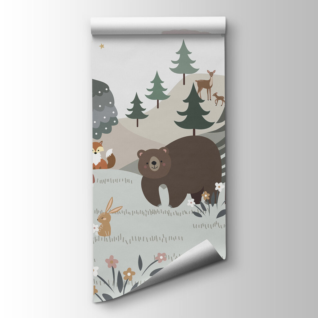 Cartoon of a bear and rabbit in a forest
