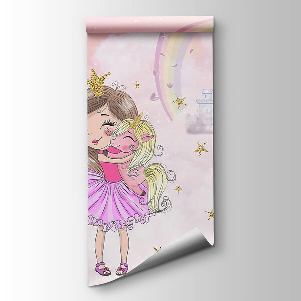 Cartoon of a girl hugging a little girl in a pink dress