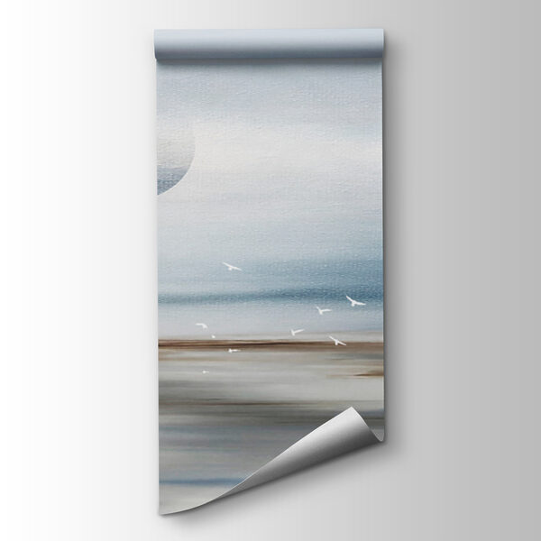 A landscape with birds flying over the horizon