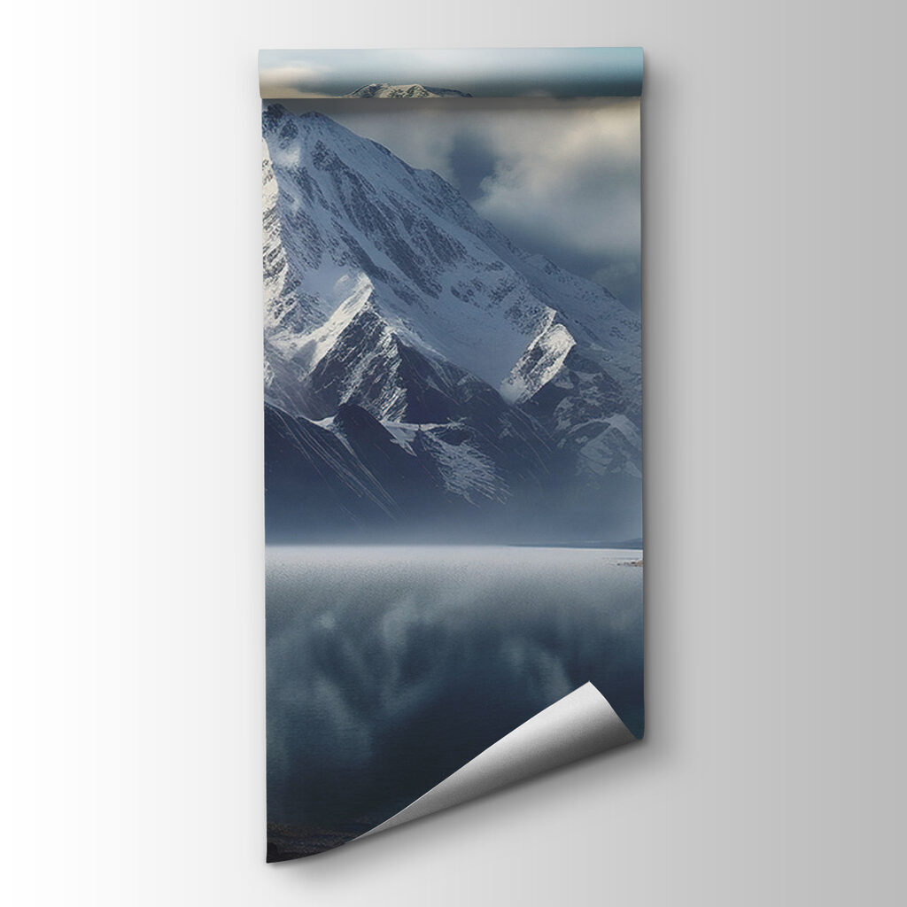 Lake with snow covered mountains and clouds