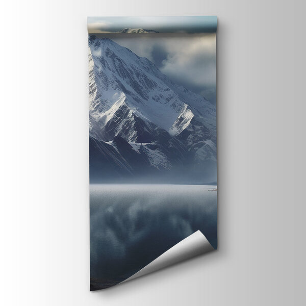 Lake with snow covered mountains and clouds