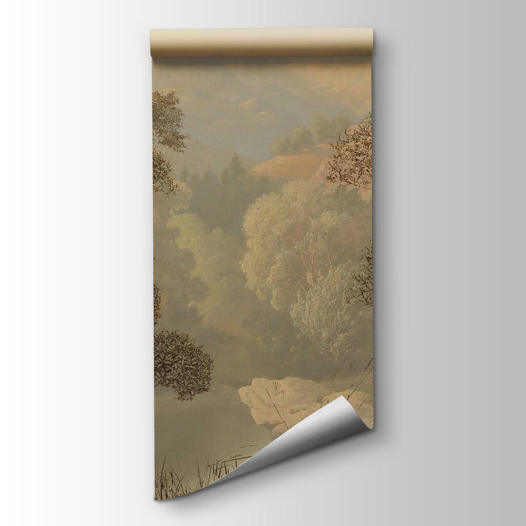 A painting of a river and trees
