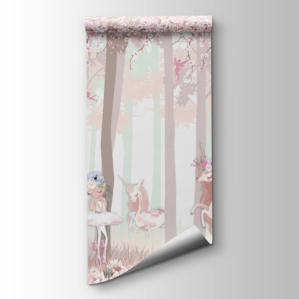 A wallpaper with a group of unicorns and fairies