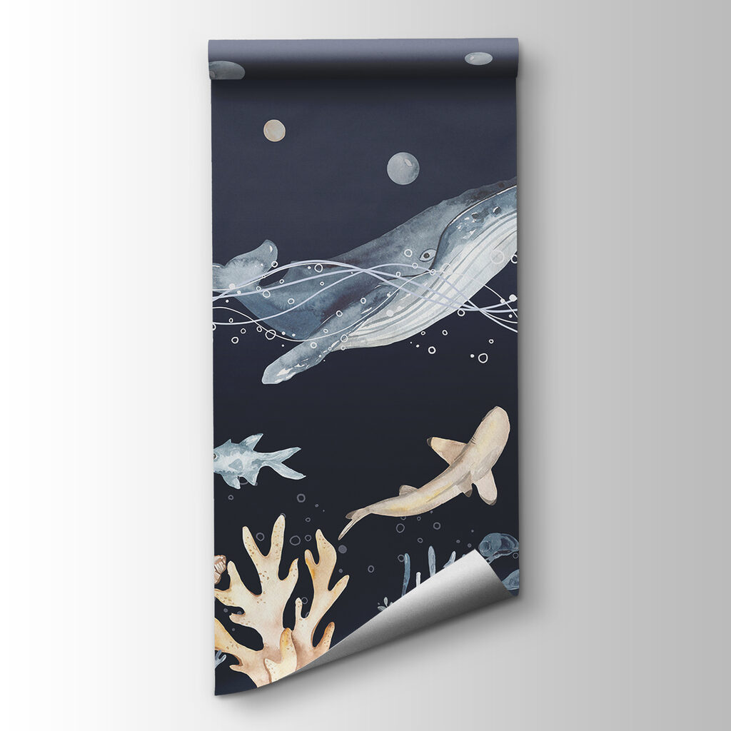 A watercolor of a whale and fish