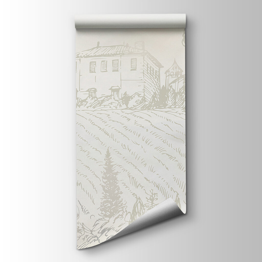 A drawing of a house and trees