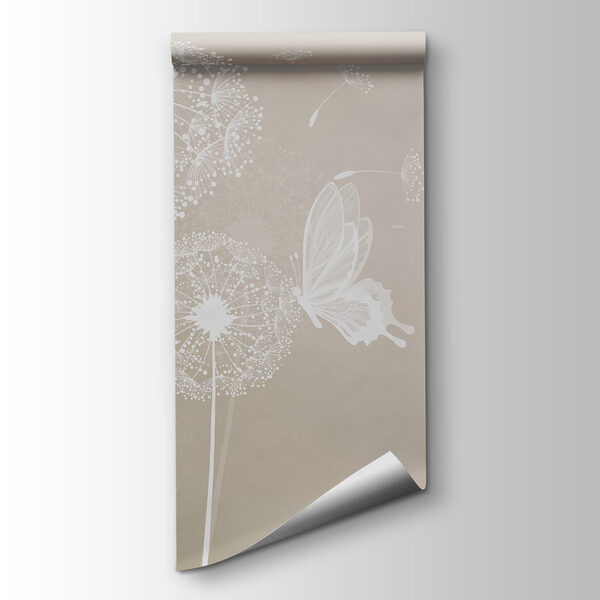 A white dandelions with butterflies flying