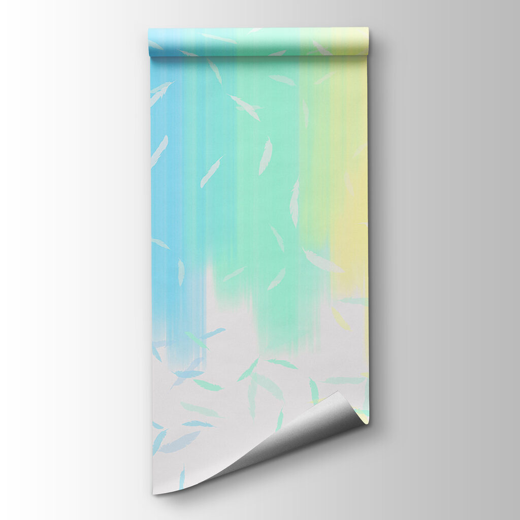 A rainbow colored background with white feathers falling