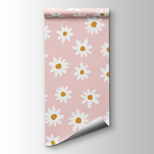 A pattern of white flowers on a pink background