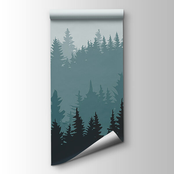 A forest of trees in the fog